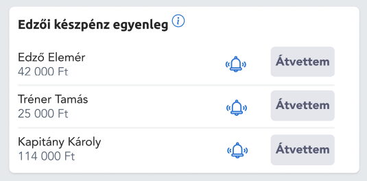 Edzői készpénz egyenleg